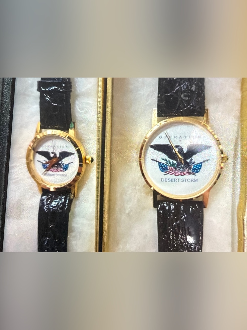 RARE Vintage American Eagle Graphic Watch Set His Hers Matching Gold Tone Boxed